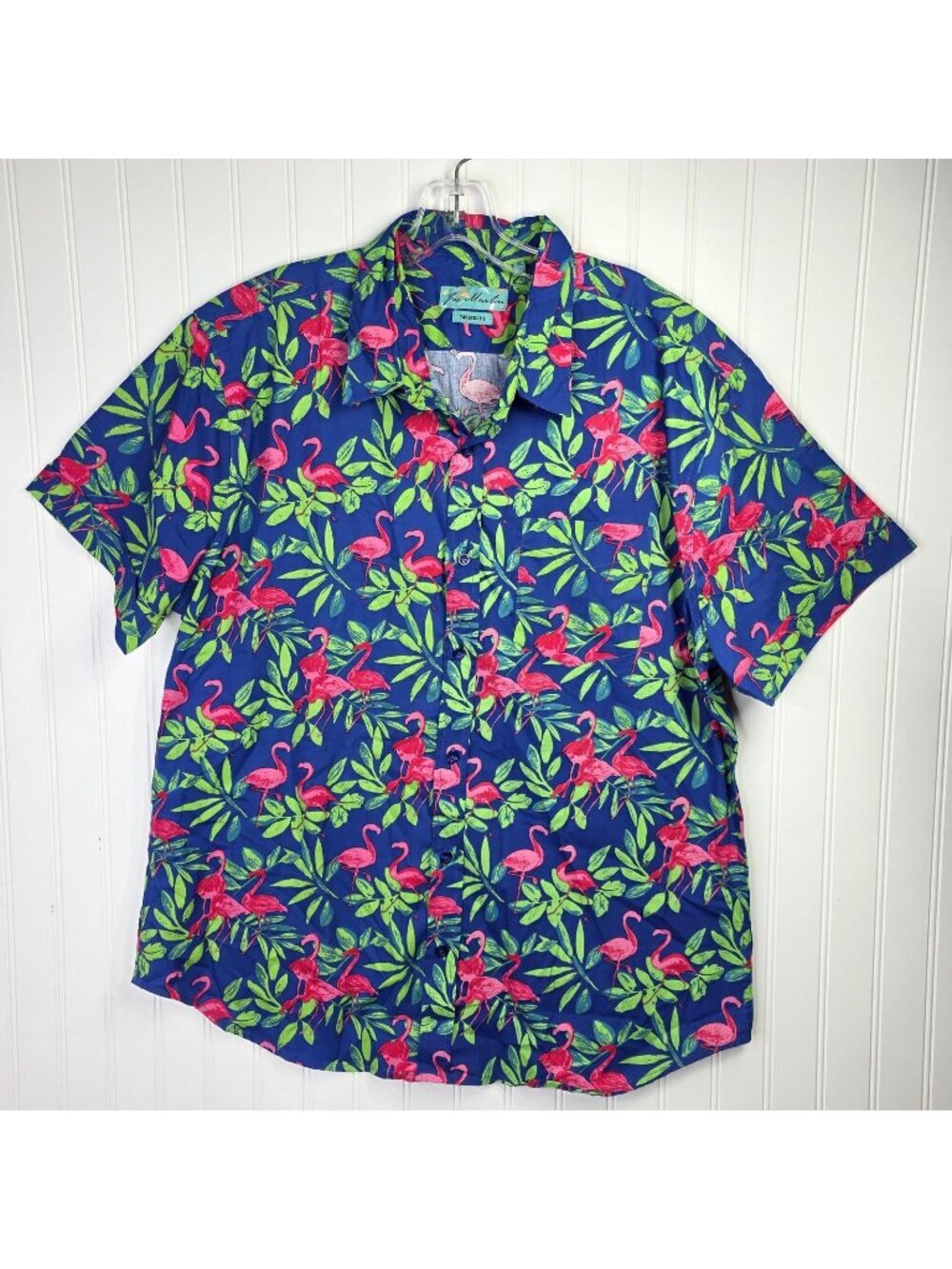 Joe Marlin Shirt Mens XL Blue Flamingo Hawaiian Slim Fit Cotton Summer Tropical